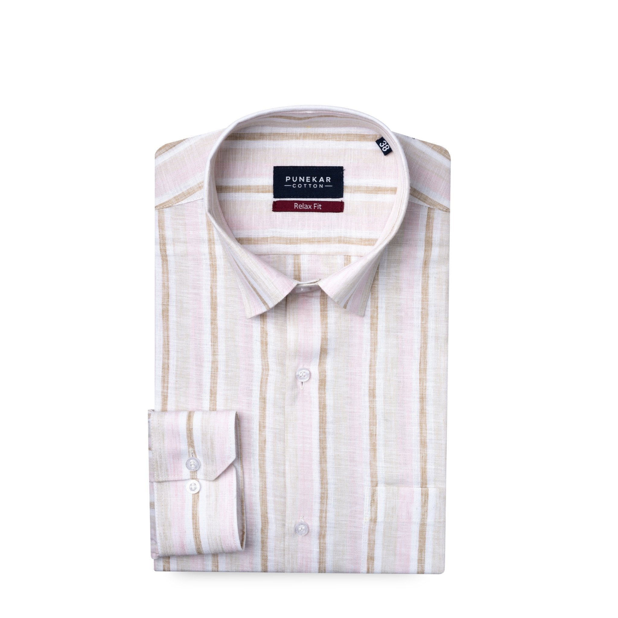 Beige & Pink Colour Vertical Cotton Blend Striped Shirt For Men - Punekar Cotton