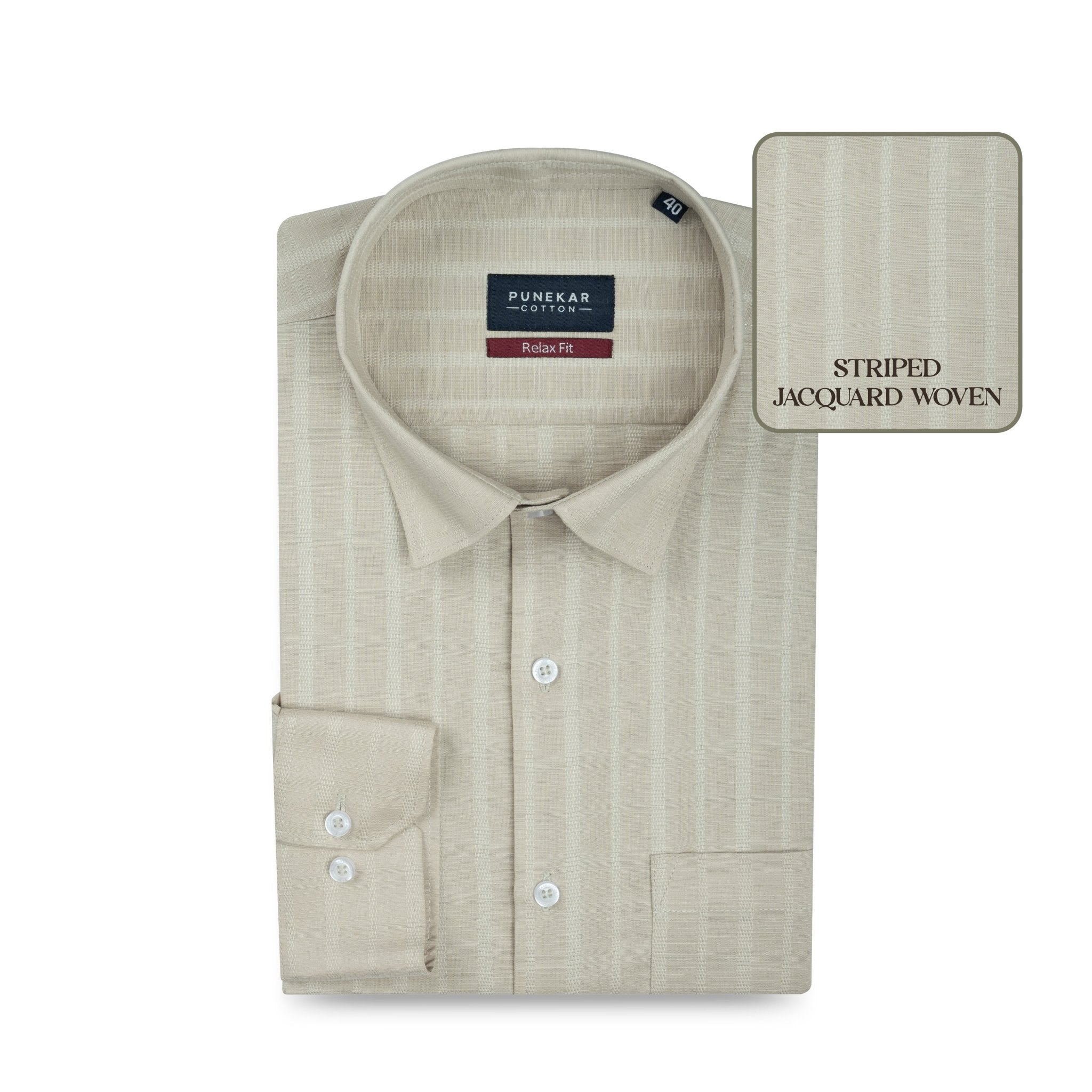Beige Vertical Stripe Textured Jacquard Shirt for Men - Punekar Cotton