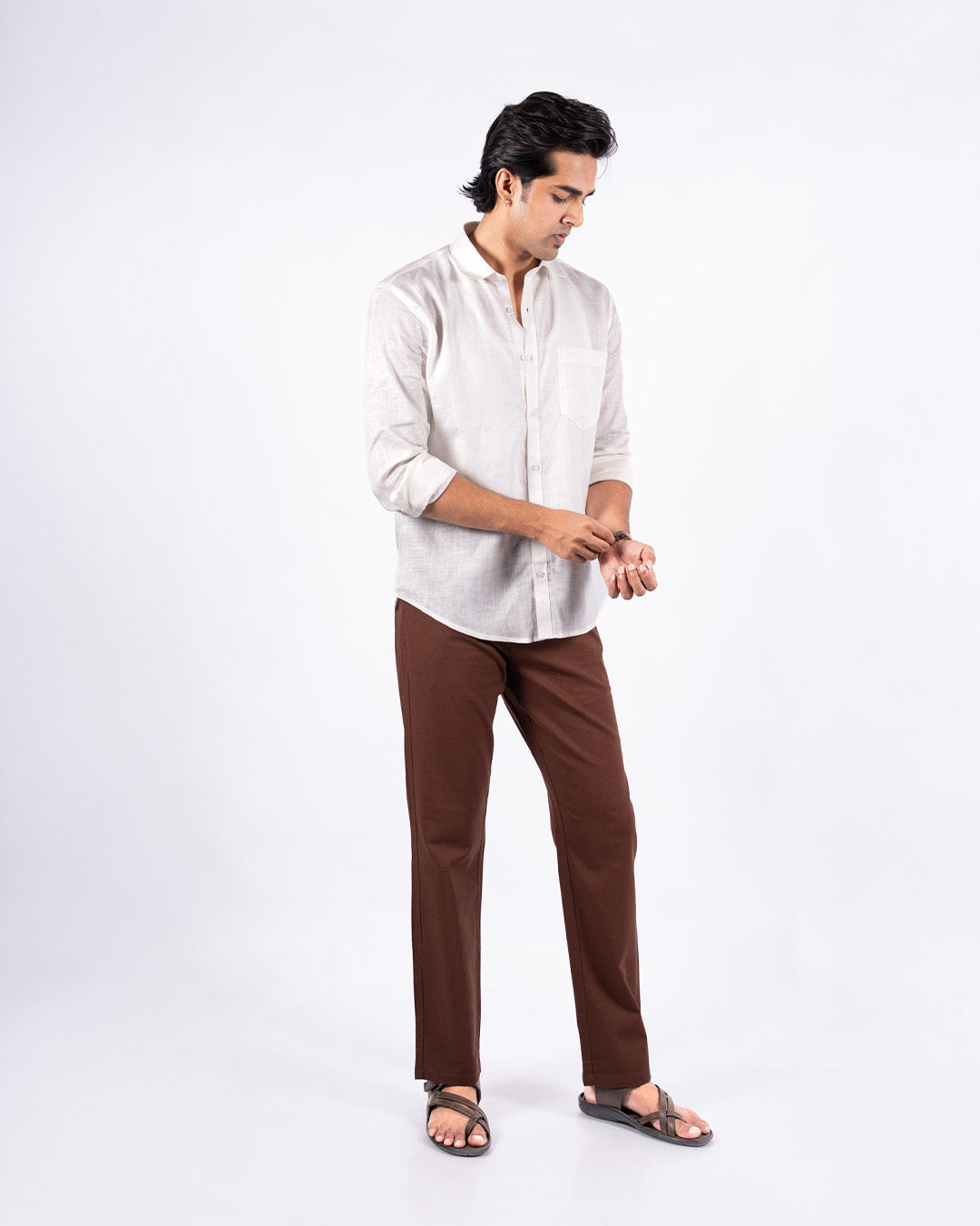 Brown Everyday Cotton Linen Straight-Fit Pants for Men