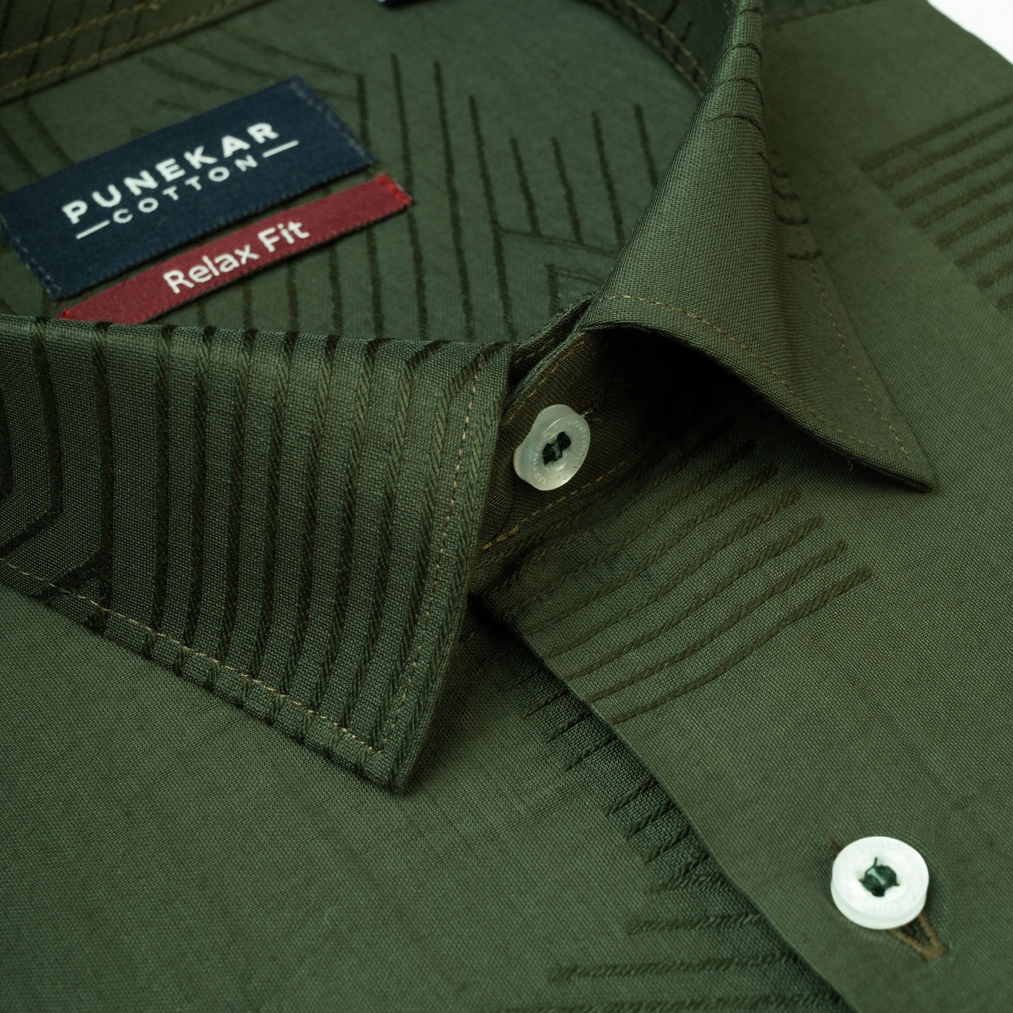 Deep Green Colour Textured Stripe Jacquard Shirt for Men - Punekar Cotton