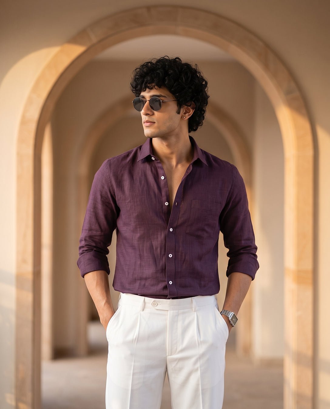 Deep Plum Color 80s Lino Lyocell Shirt For Men - Punekar Cotton