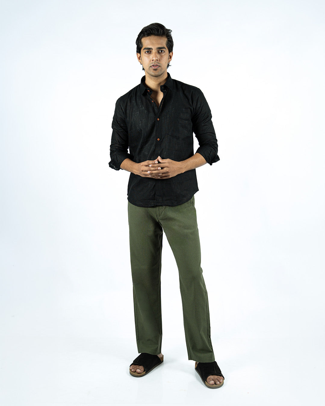Olive Everyday Cotton Linen Straight-Fit Pants for Men