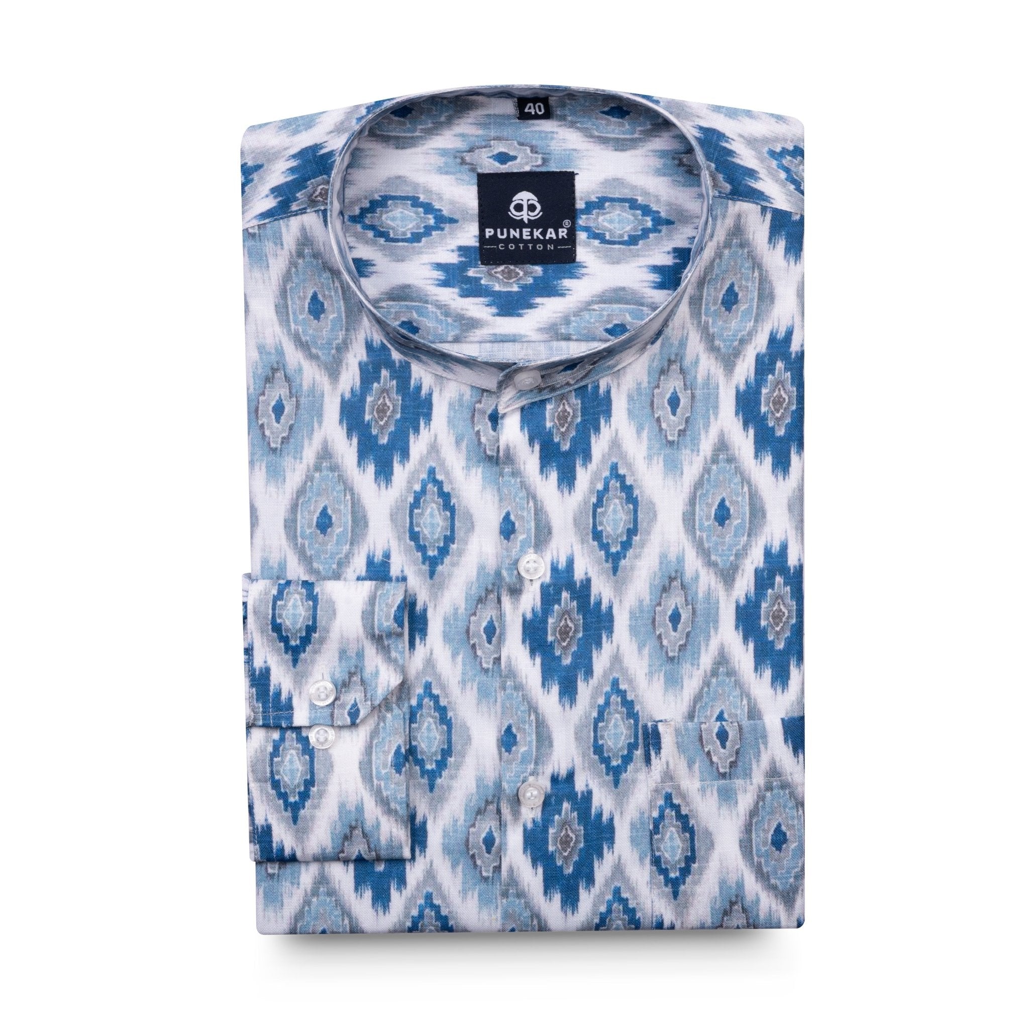 Grey Blue Color Stand Collar Printed Shirt For Men - Punekar Cotton