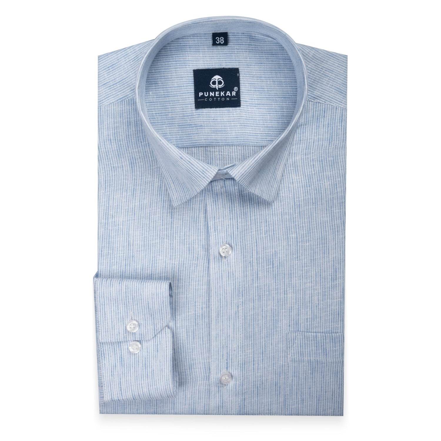 Light Blue Color Hand Woven Cotton Stripe Shirt For Men - Punekar Cotton