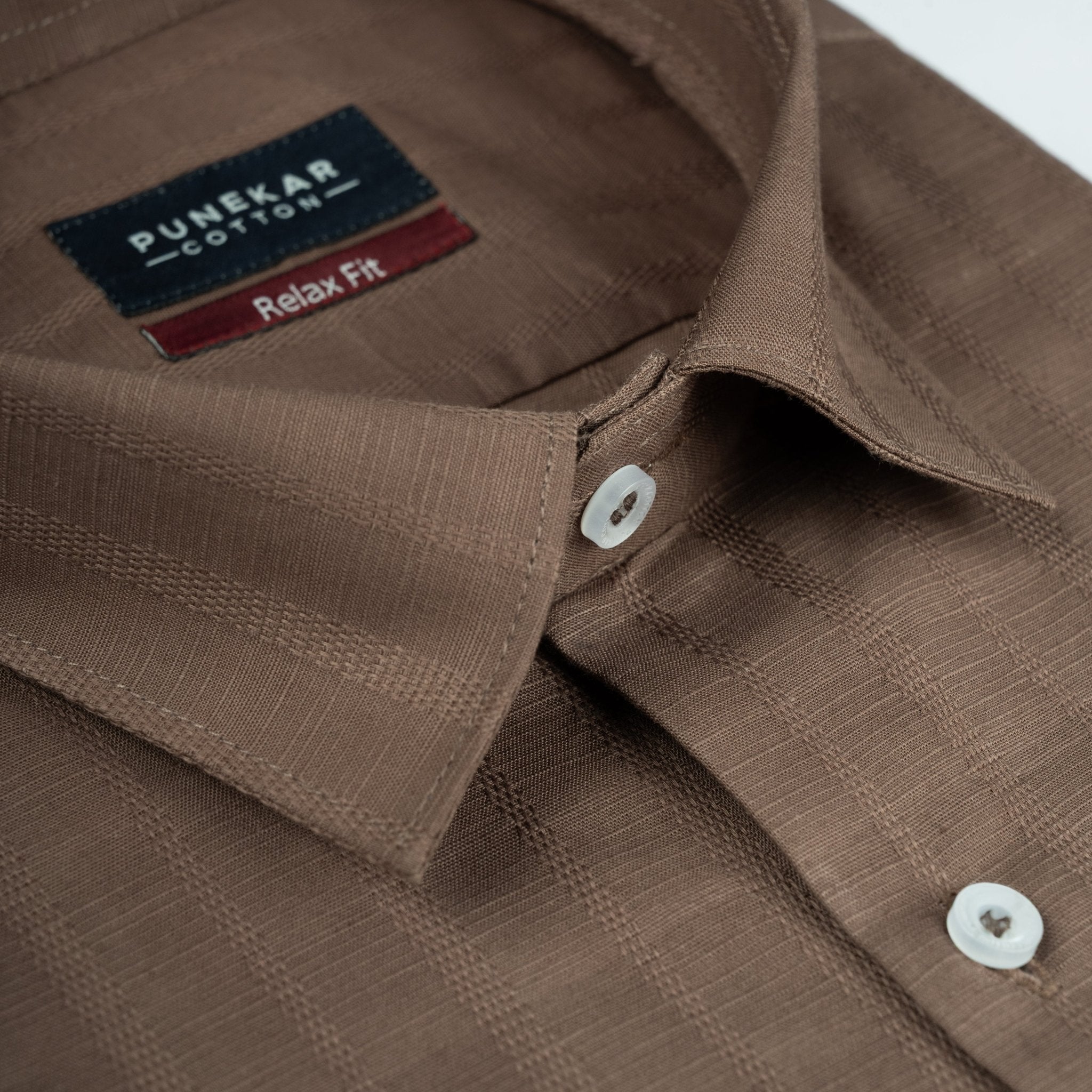 Mud Brown Vertical Stripe Textured Jacquard Shirt for Men - Punekar Cotton