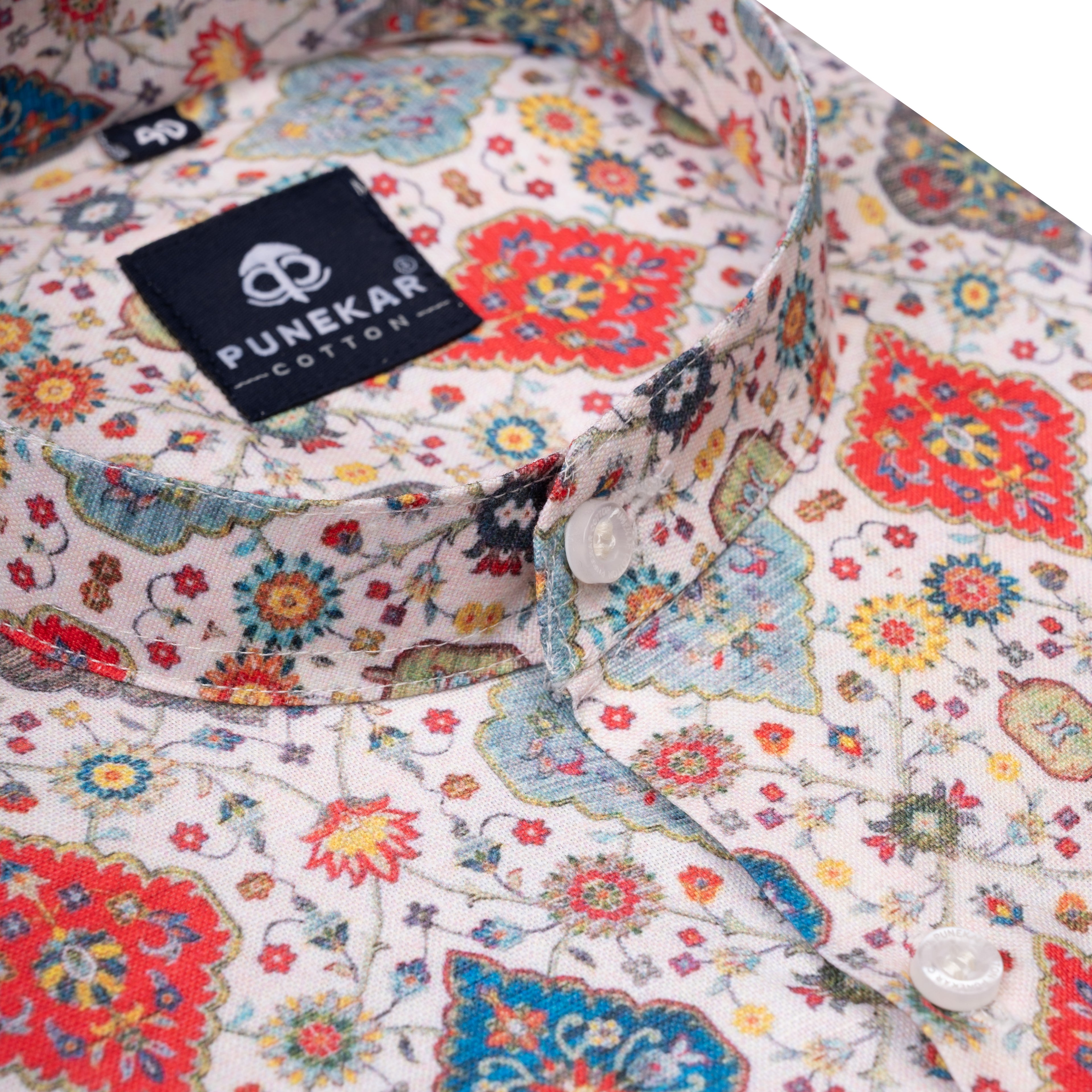 Cream Red Color Stand Collar Printed Shirt For Men