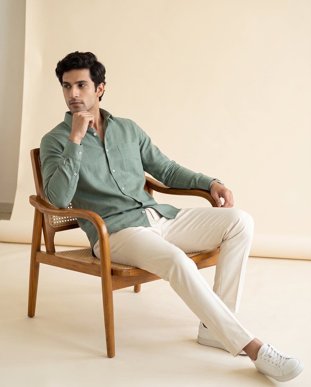 Sage Green Color 80s Lino Lyocell Shirt For Men - Punekar Cotton