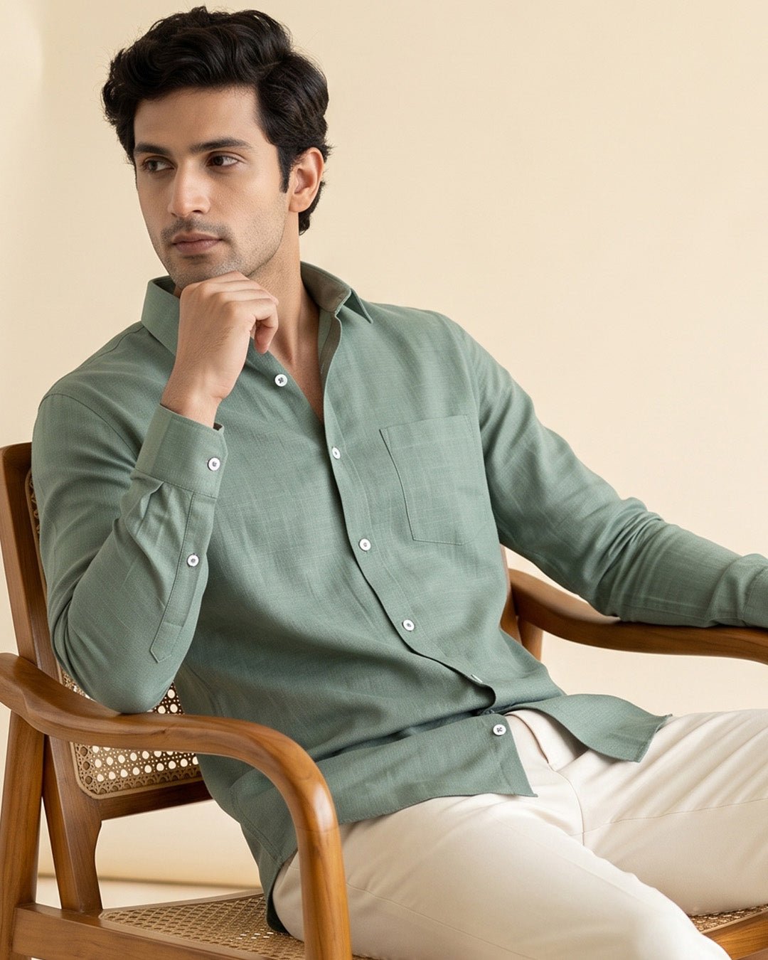 Sage Green Color 80s Lino Lyocell Shirt For Men - Punekar Cotton