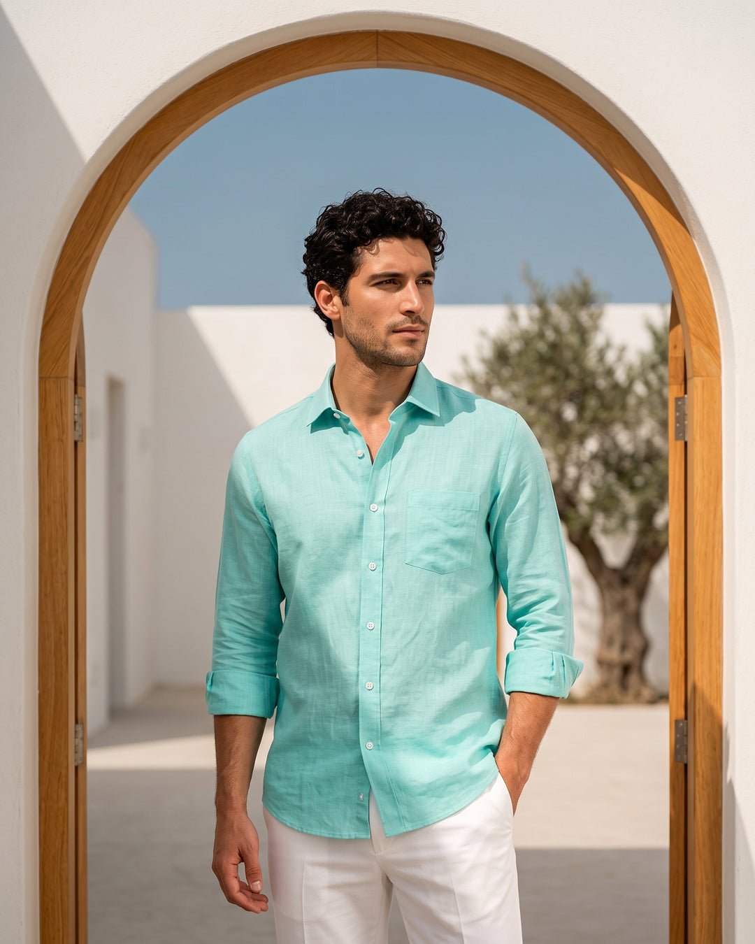 Turquoise Color 80s Lino Lyocell Shirt For Men - Punekar Cotton