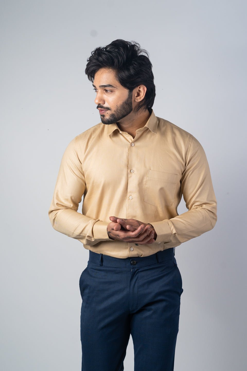 Beige Color Micro Checks Texture Satin Cotton Shirt For Men - Punekar Cotton