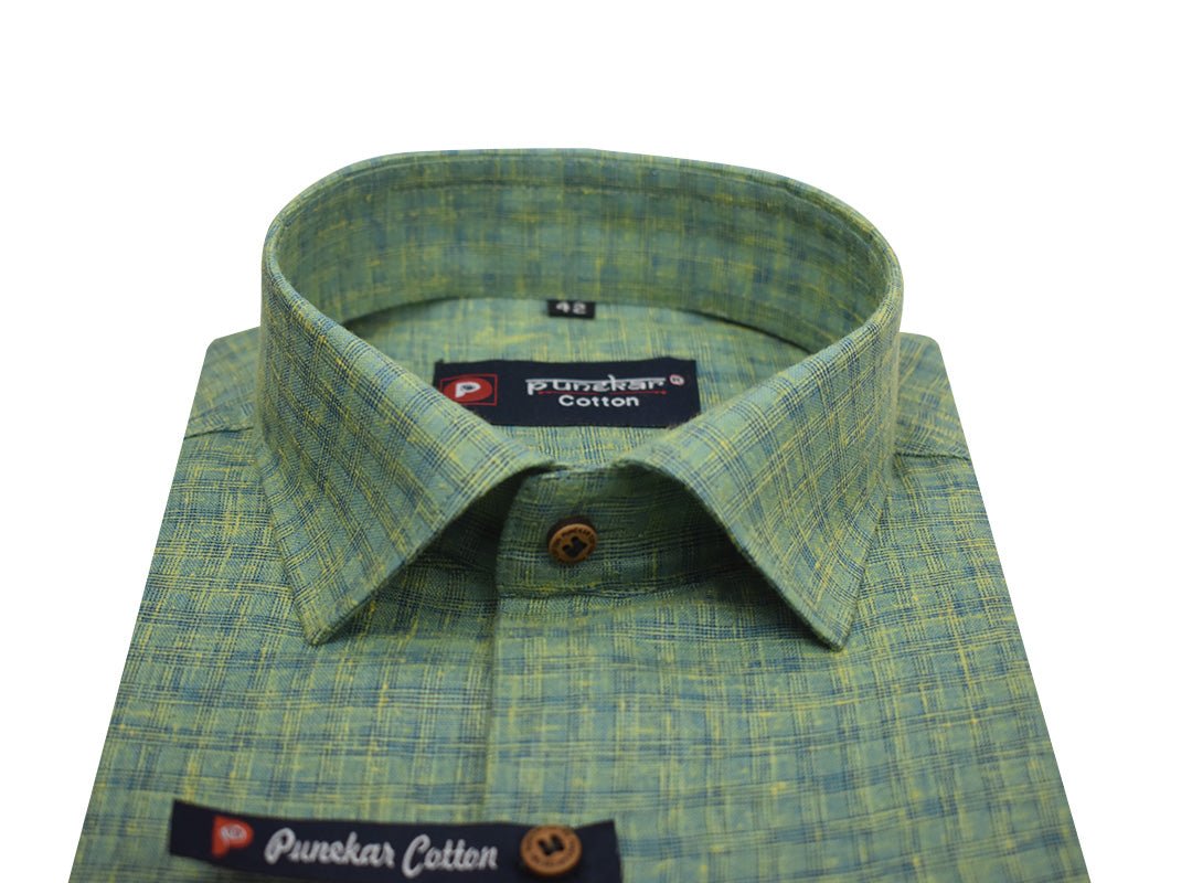 Green Color Cotton Self Woven Checks Handmade Shirts For Men&