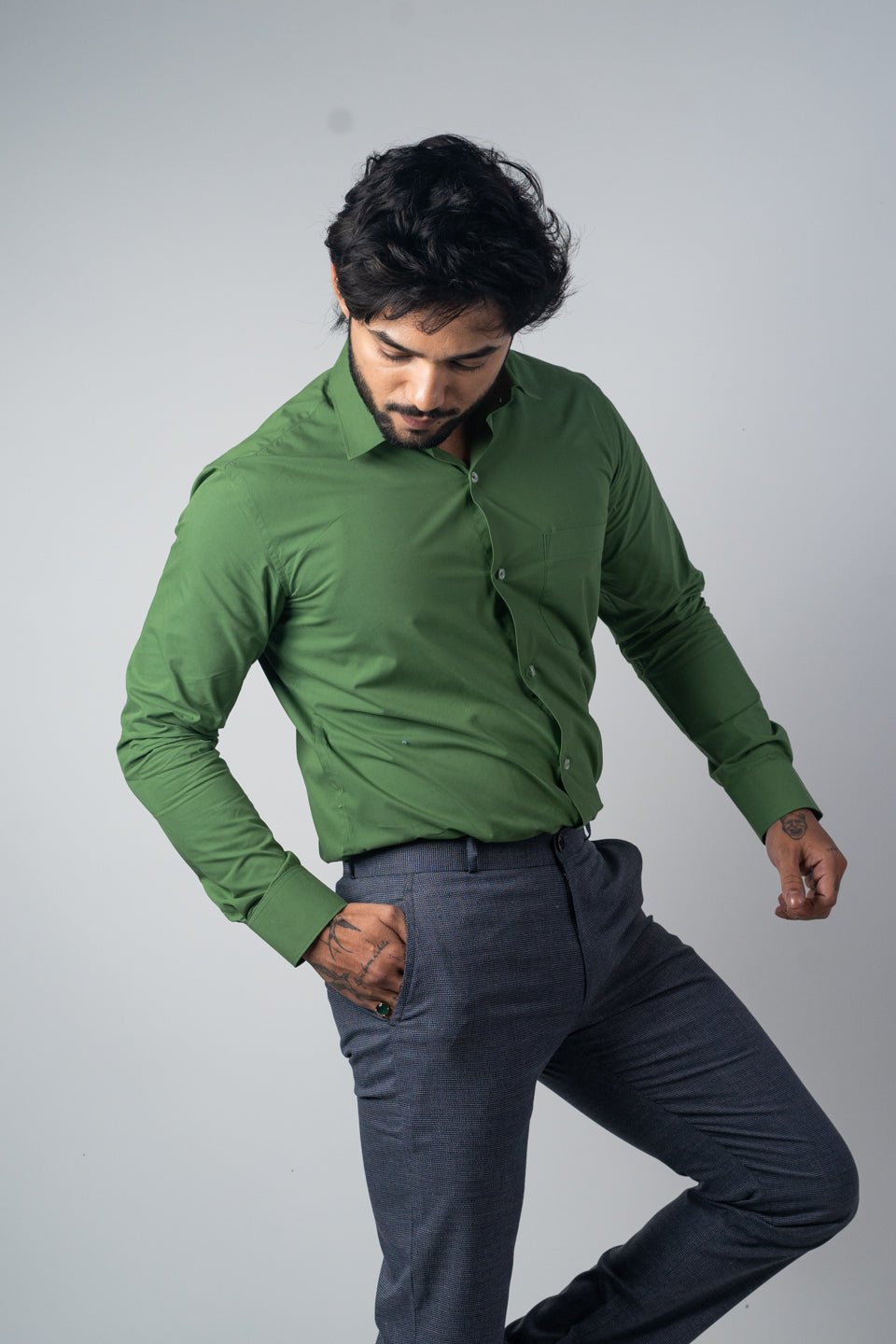 Green Color Lycra Twill Cotton Shirt For Men - Punekar Cotton