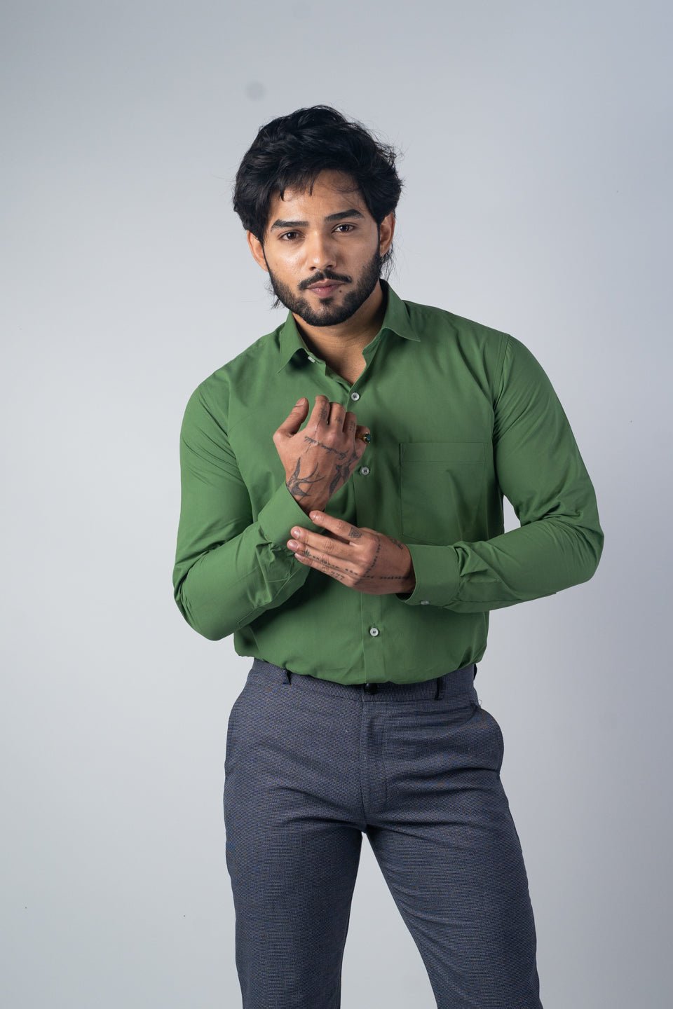 Green Color Lycra Twill Cotton Shirt For Men - Punekar Cotton