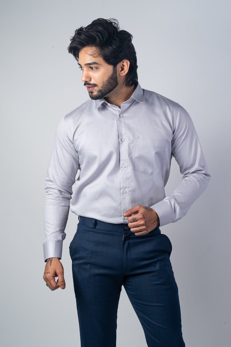 Grey Color Micro Checks Texture Satin Cotton Shirt For Men - Punekar Cotton