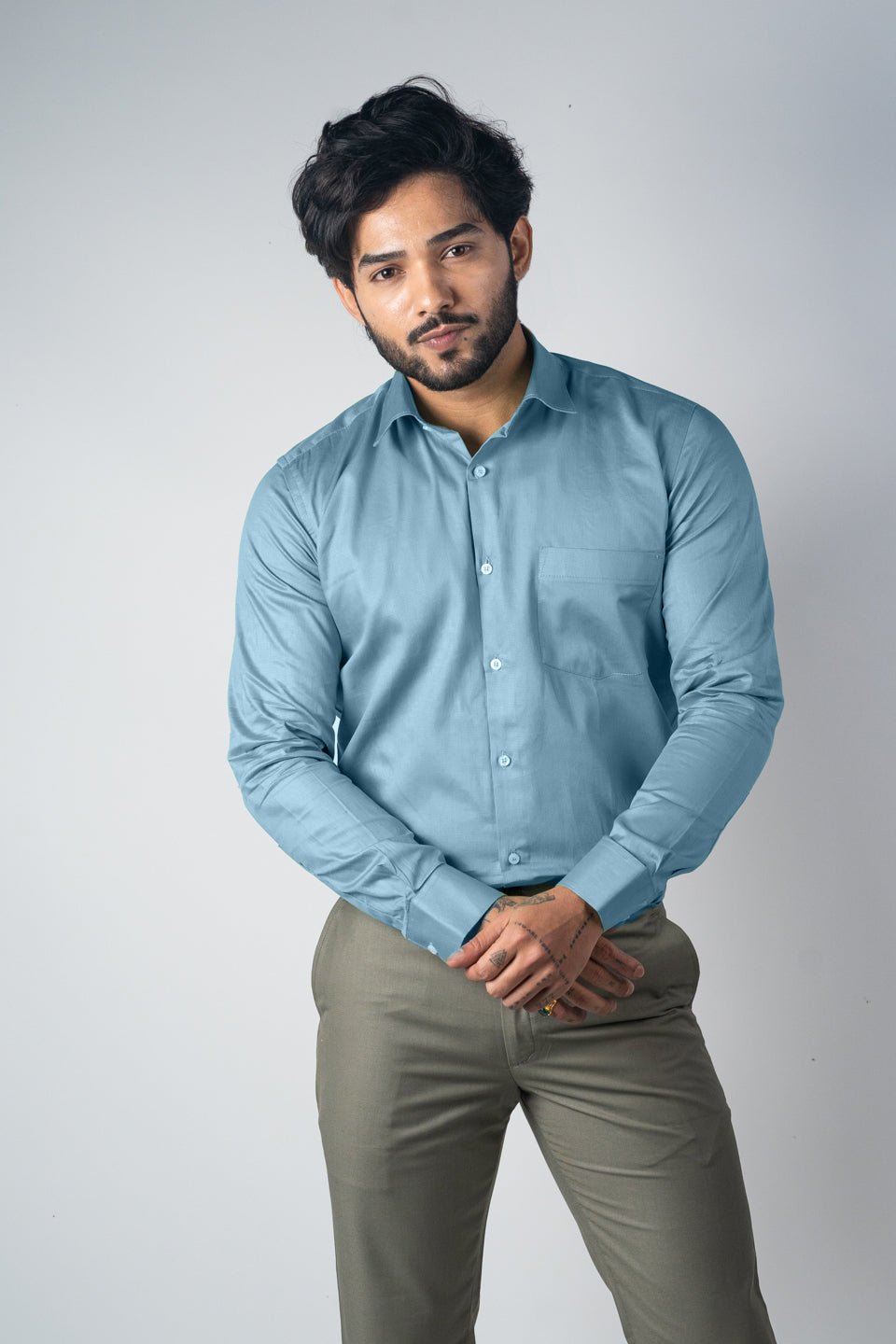 Peacock Blue Color Micro Checks Texture Satin Cotton Shirt For Men - Punekar Cotton