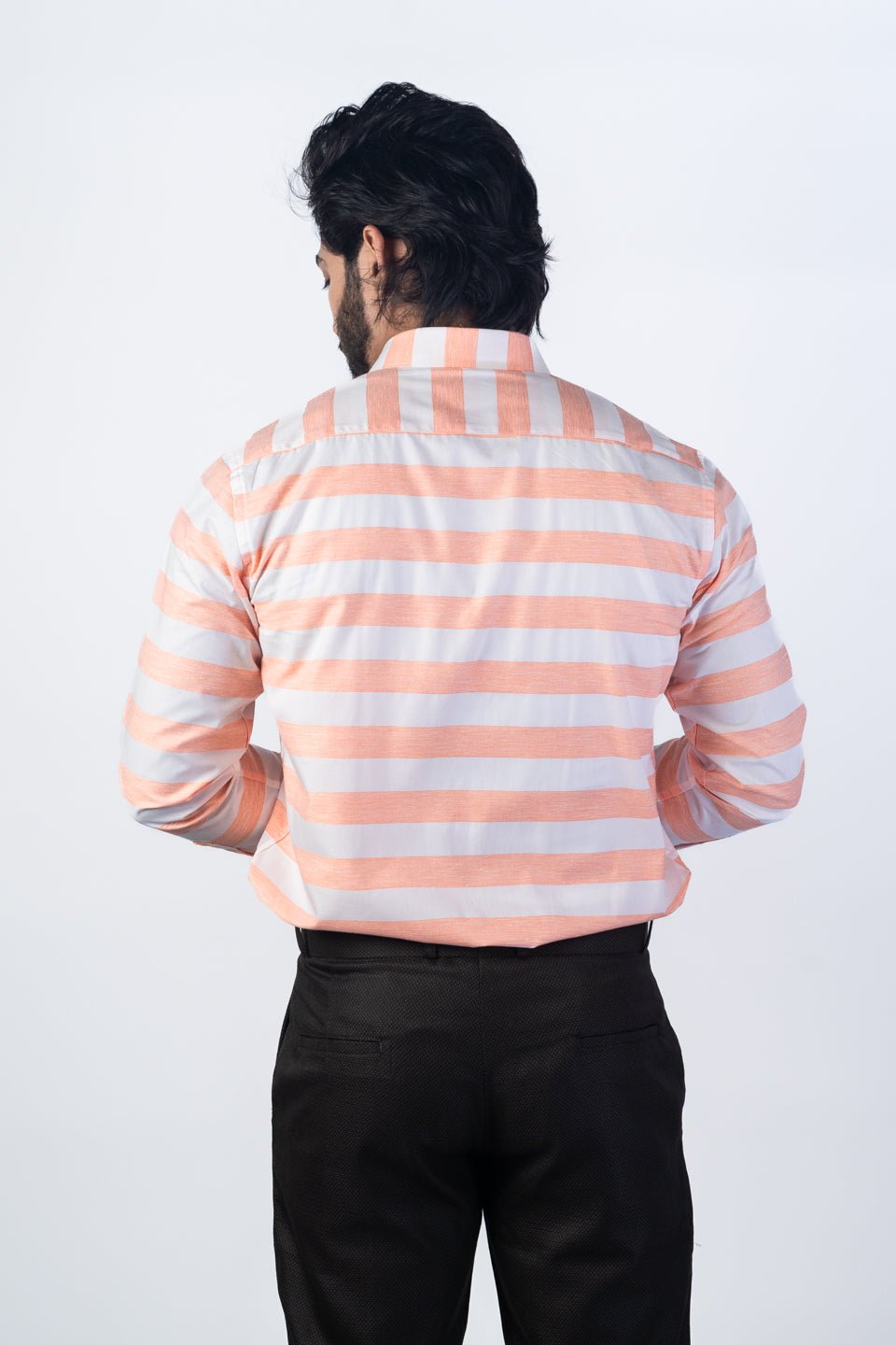 Salmon Orange Color Cotton Stripe Shirt For Men - Punekar Cotton