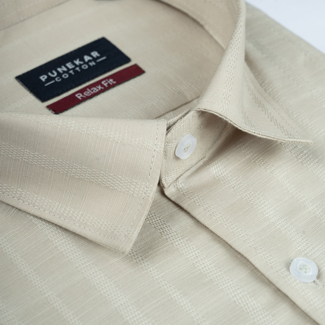 Beige Vertical Stripe Textured Jacquard Shirt for Men