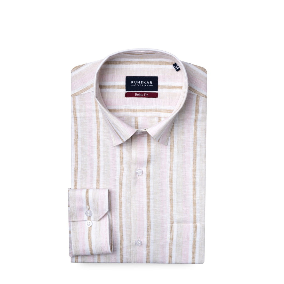 Beige & Pink Colour Vertical Cotton Blend Striped Shirt For Men - Punekar Cotton