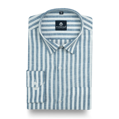 Ash Blue Vertical Stripes Cotton Linen Shirt for Men