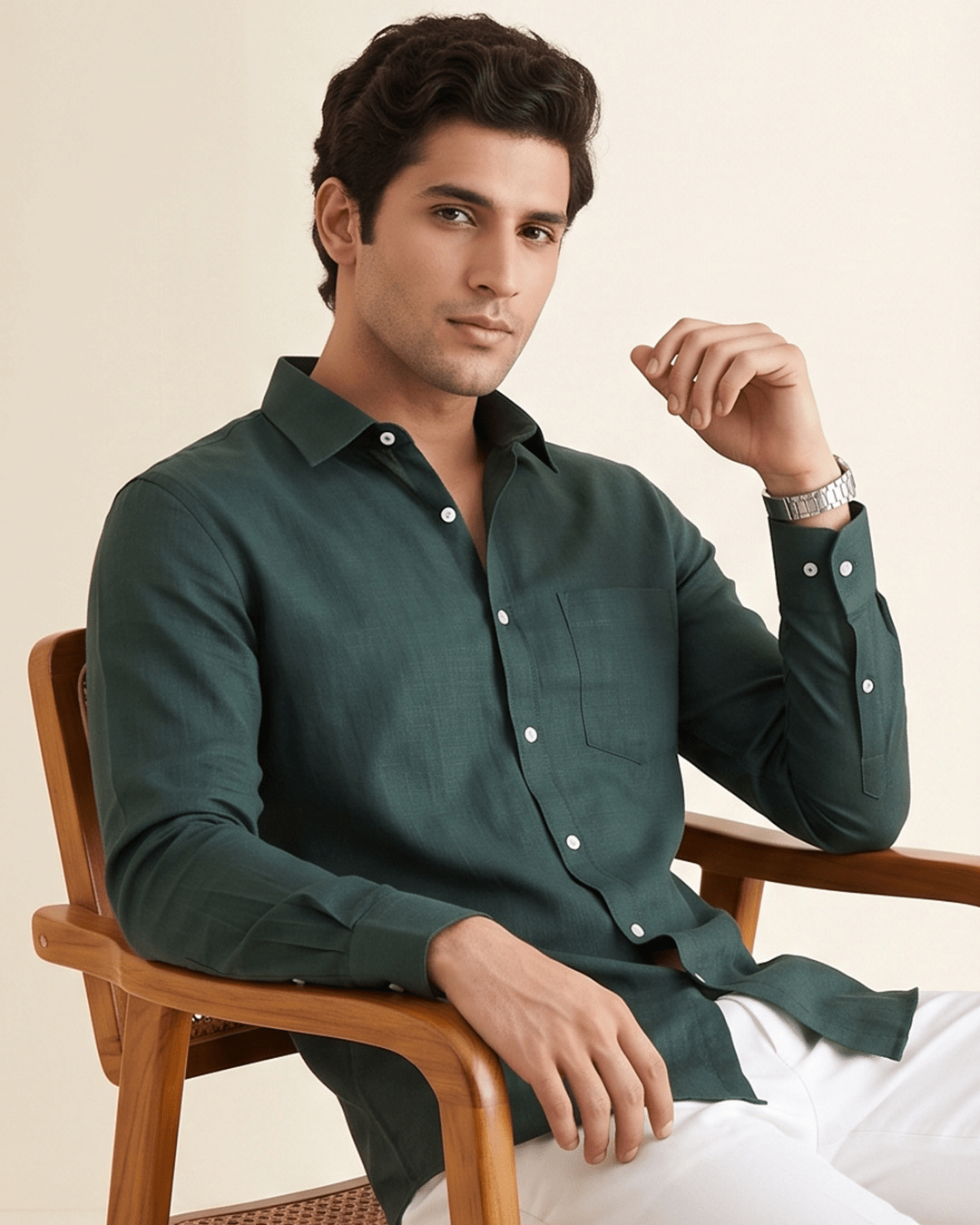 Bottle Green Color 80s Lino Lyocell Shirt For Men - Punekar Cotton