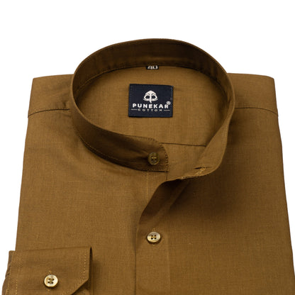 Brown Color Band Collar Solid Shirt For Men - Punekar Cotton