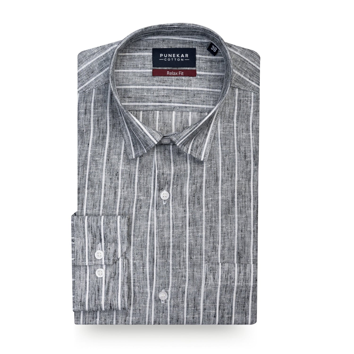 Charcoal Grey Striped Blend Cotton Shirt for Men - Punekar Cotton