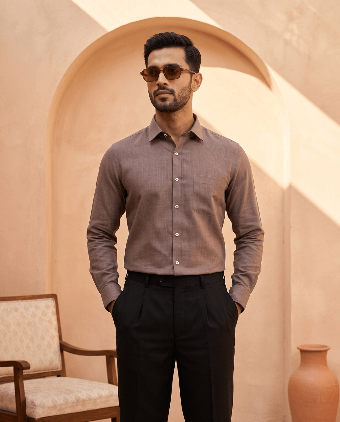 Coco Brown Color 80s Lino Lyocell Shirt For Men - Punekar Cotton