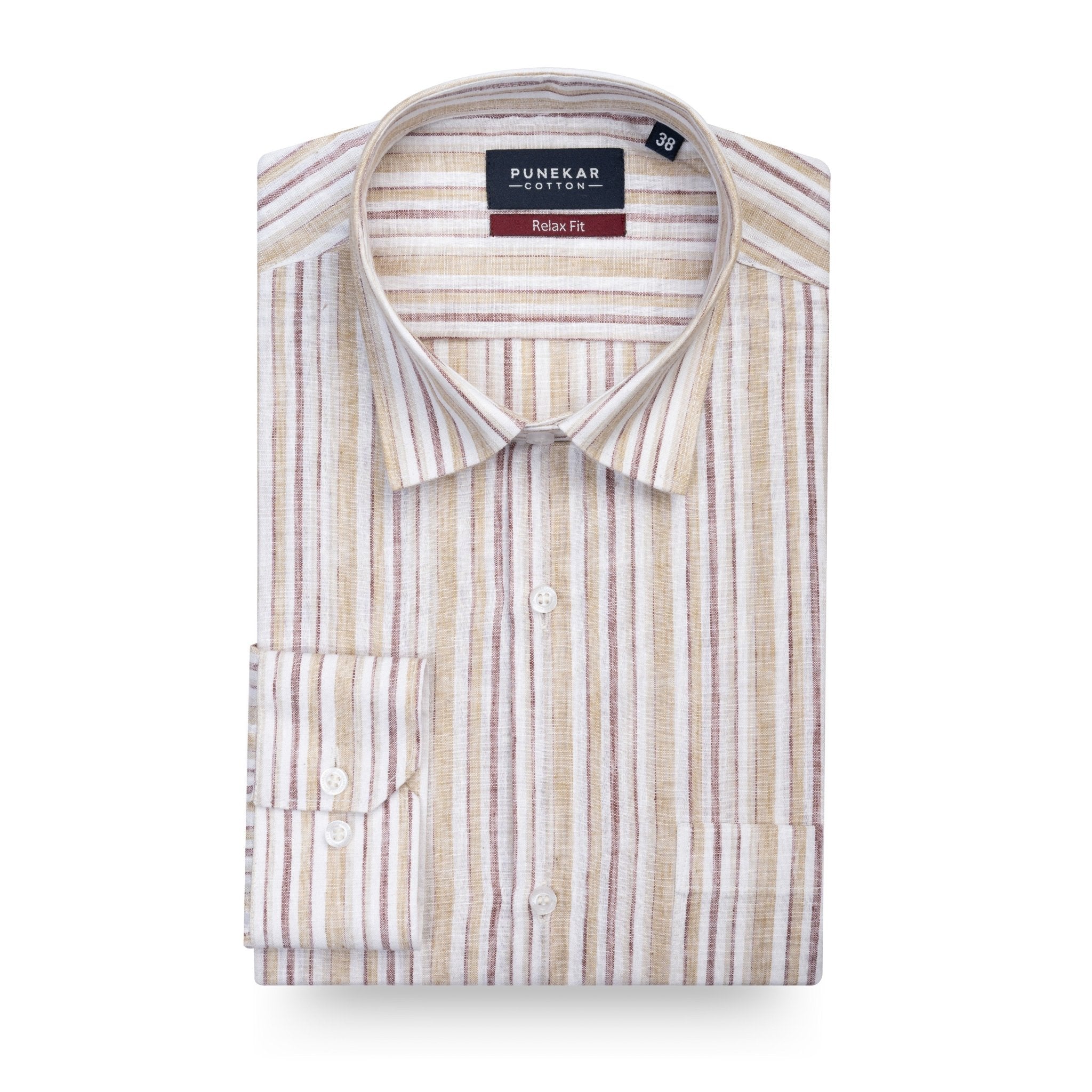 Cream &amp; Maroon Striped Blend Cotton Shirt for Men - Punekar Cotton