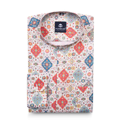 Cream Red Color Stand Collar Printed Shirt For Men - Punekar Cotton