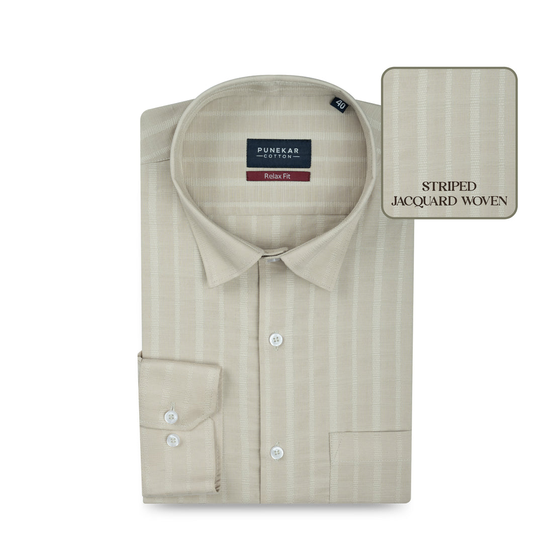 Beige Vertical Stripe Textured Jacquard Shirt for Men