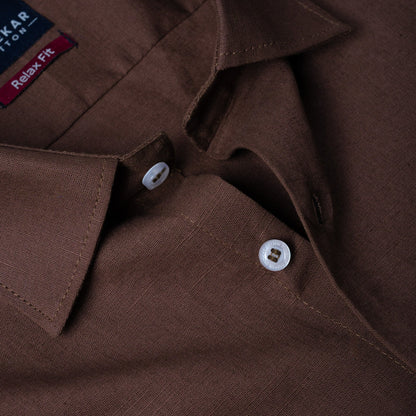 Dark Brown Color Solid Cotton Linen Shirt For Men - Punekar Cotton