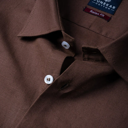 Dark Brown Color Solid Cotton Linen Shirt For Men - Punekar Cotton