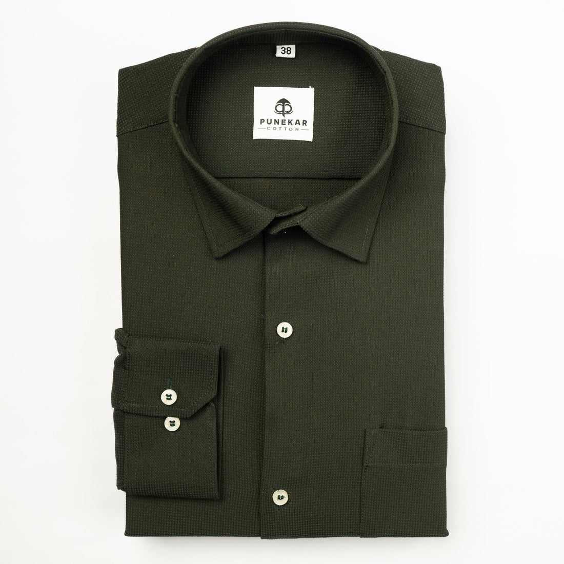 Dark Green Color Waffle Texture Cotton Shirt For Men - Punekar Cotton