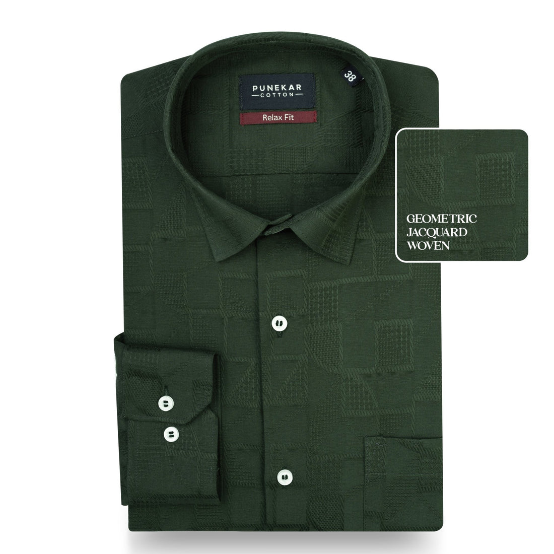 Dark Green Colour Geometric Jacquard Texture Shirt for Men - Punekar Cotton