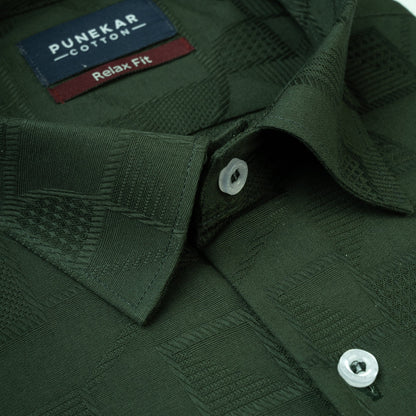 Dark Green Colour Geometric Jacquard Texture Shirt for Men - Punekar Cotton