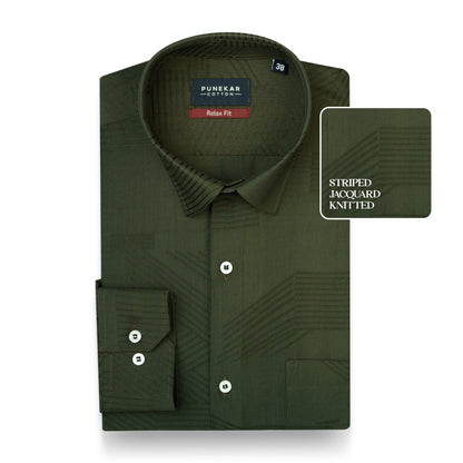 Deep Green Colour Textured Stripe Jacquard Shirt for Men - Punekar Cotton