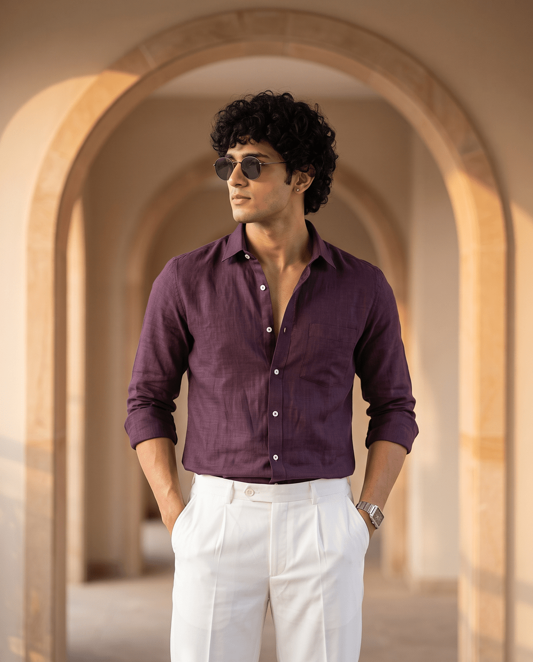 Deep Plum Color 80s Lino Lyocell Shirt For Men - Punekar Cotton