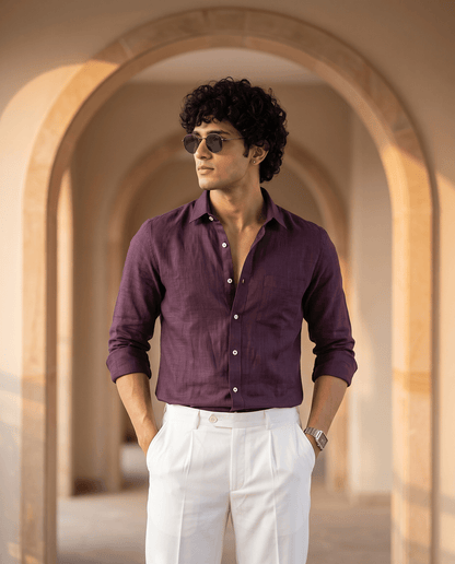 Deep Plum Color 80s Lino Lyocell Shirt For Men - Punekar Cotton