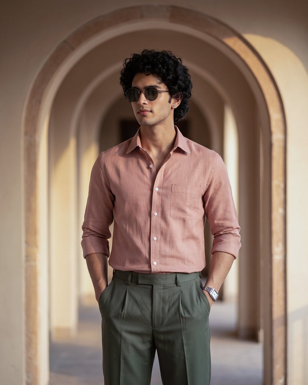 Dusty Clay Color 80s Lino Lyocell Shirt For Men - Punekar Cotton