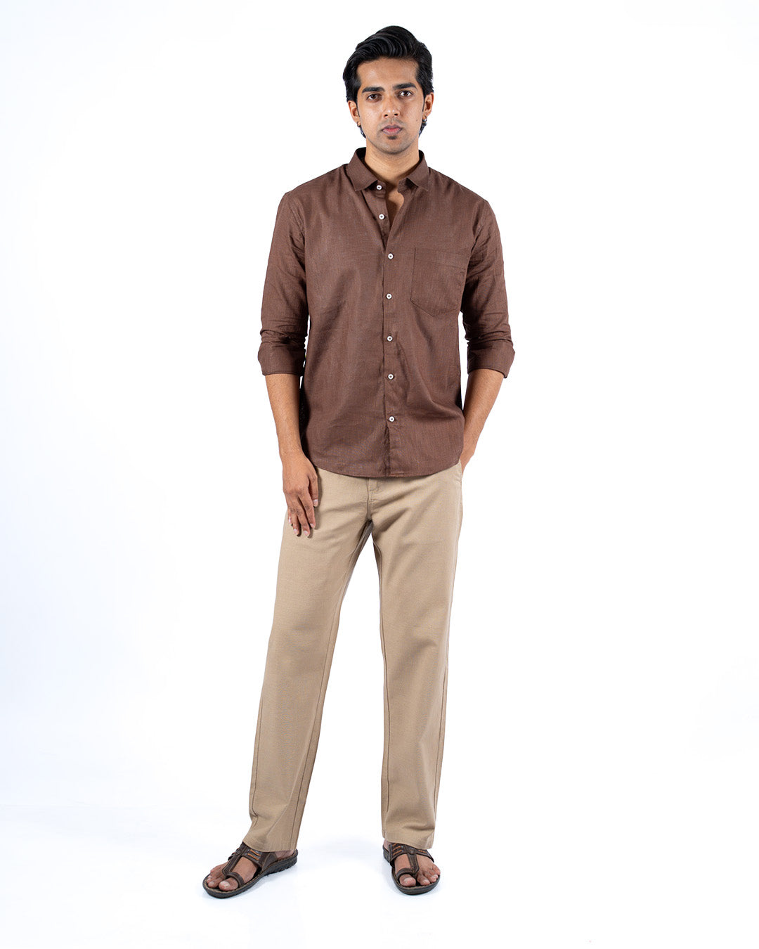 Dark Beige Everyday Cotton Linen Straight-Fit Pants for Men