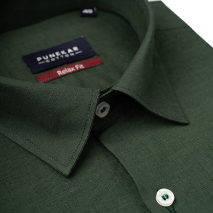 Forest Green Color Solid Cotton Linen Shirt For Men - Punekar Cotton