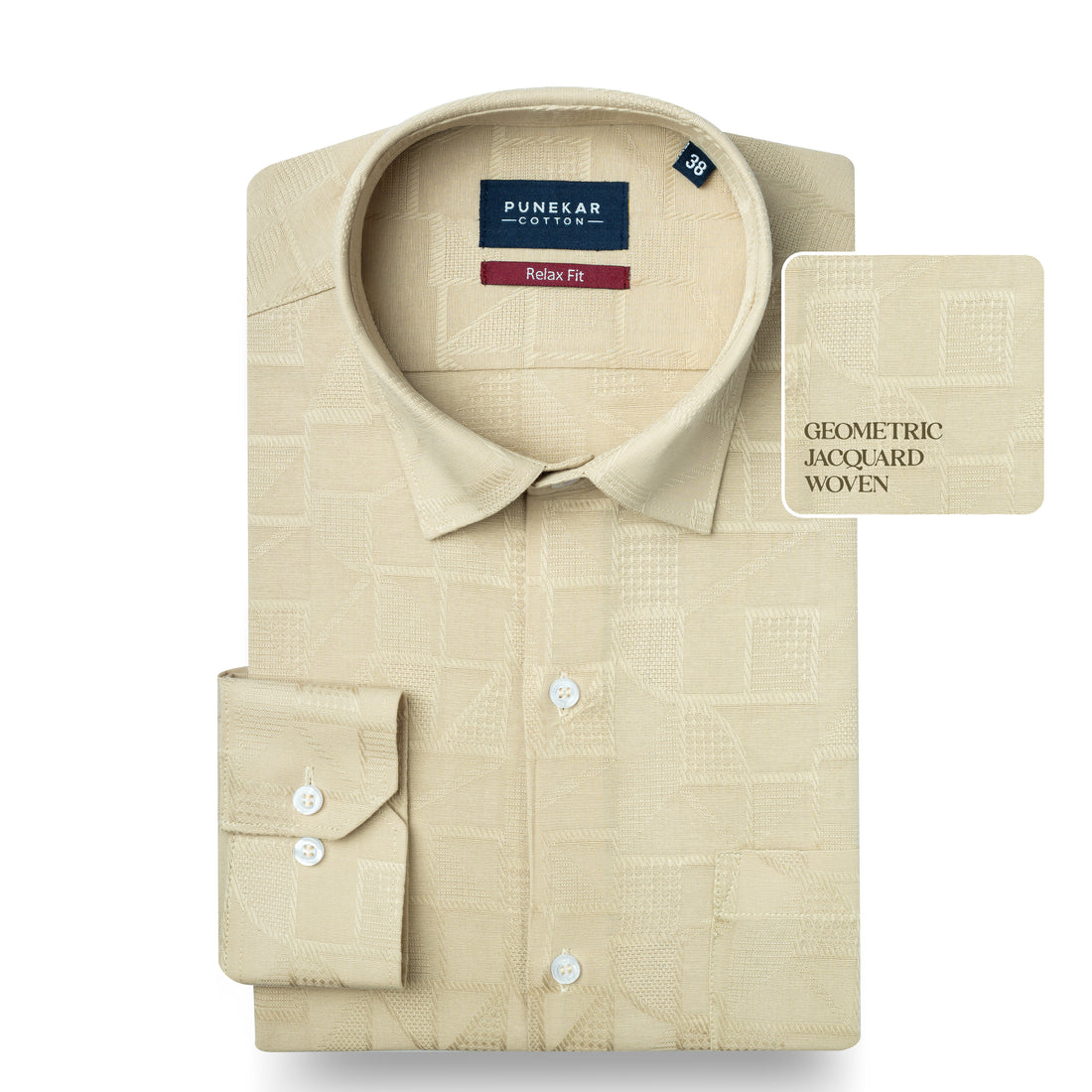Cream Colour Geometric Jacquard Texture Shirt for Men