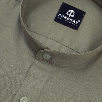 Grey Color Band Collar Solid Shirt For Men - Punekar Cotton