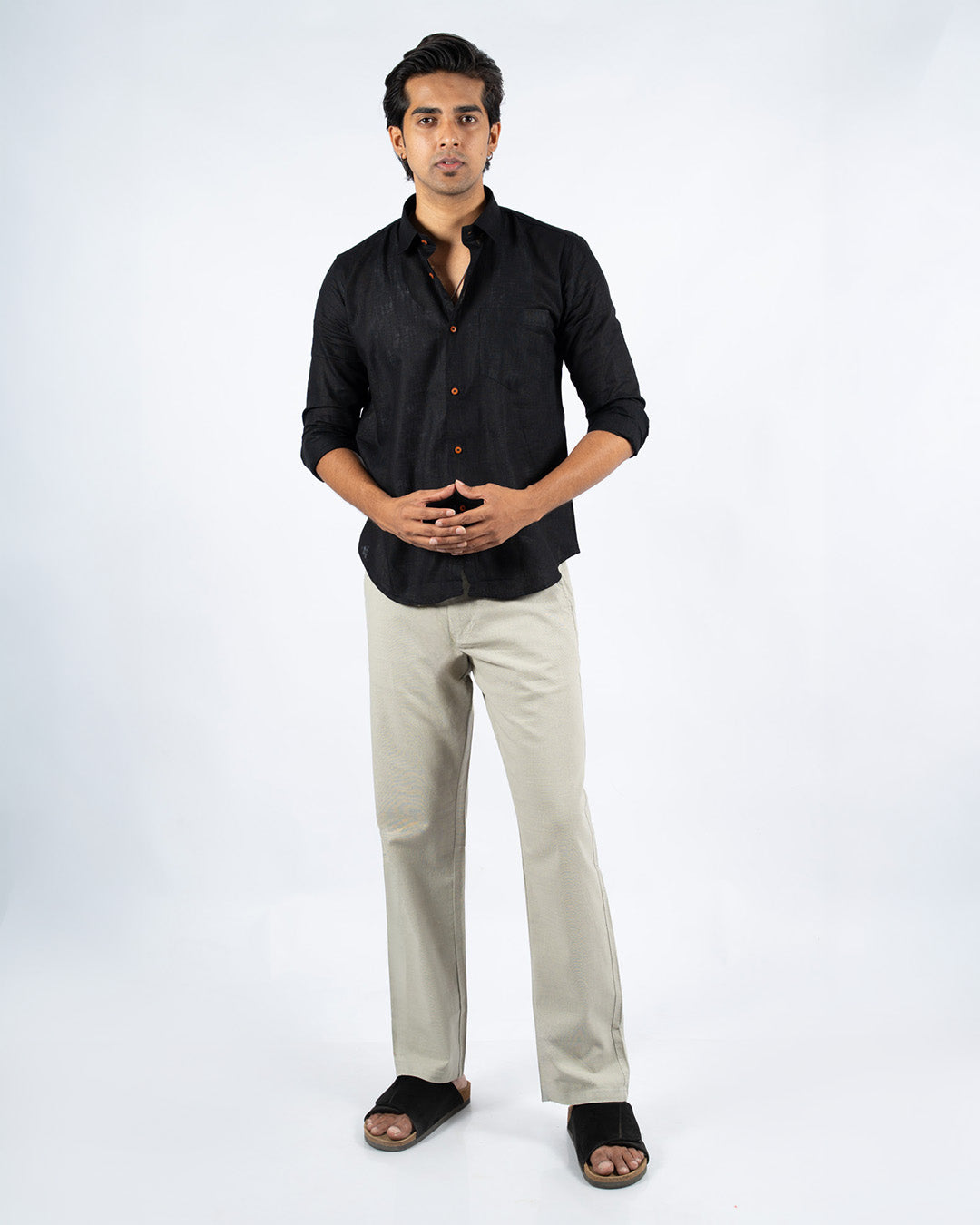 Grey Everyday Cotton Linen Straight-Fit Pants for Men