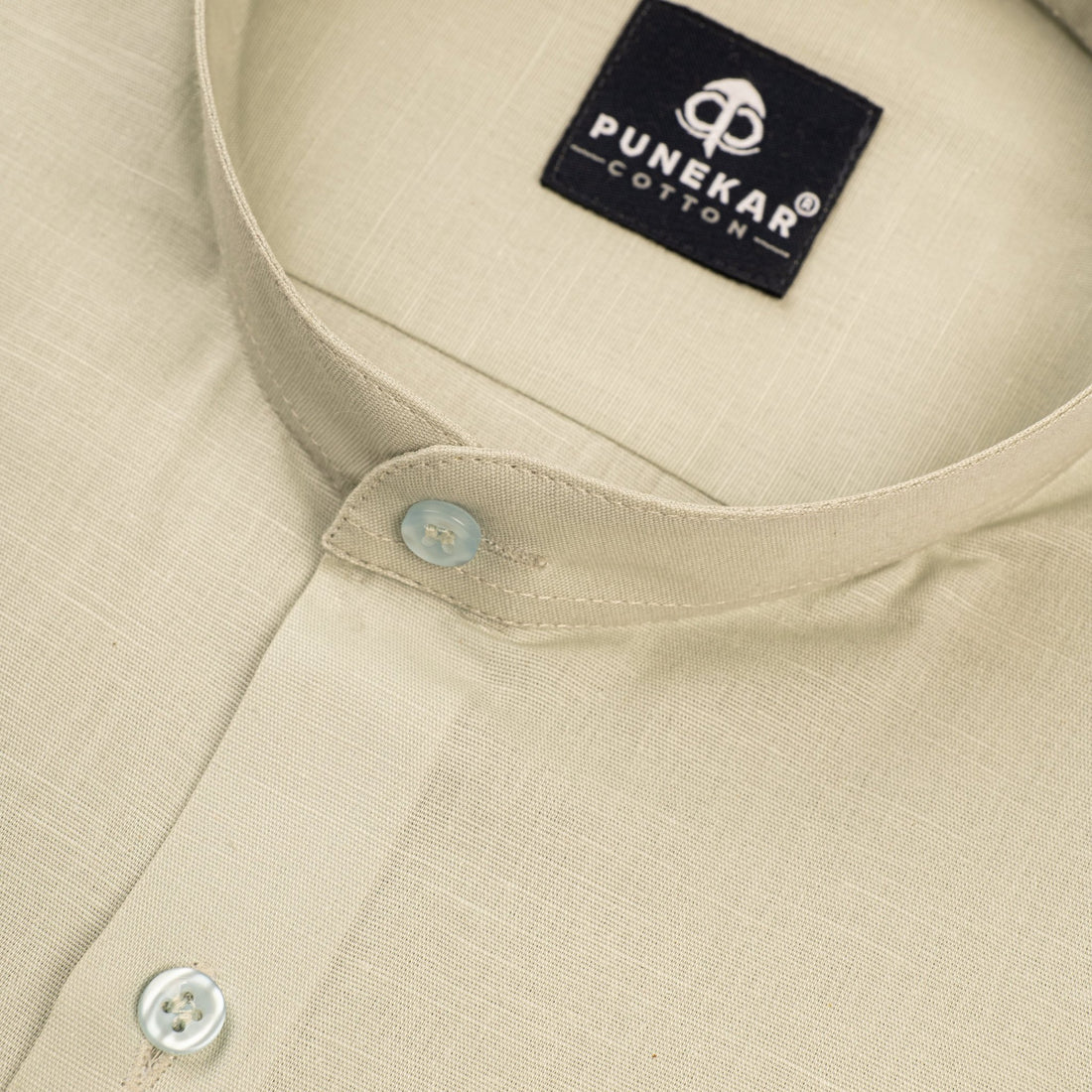 Ivory Color Band Collar Solid Shirt For Men - Punekar Cotton