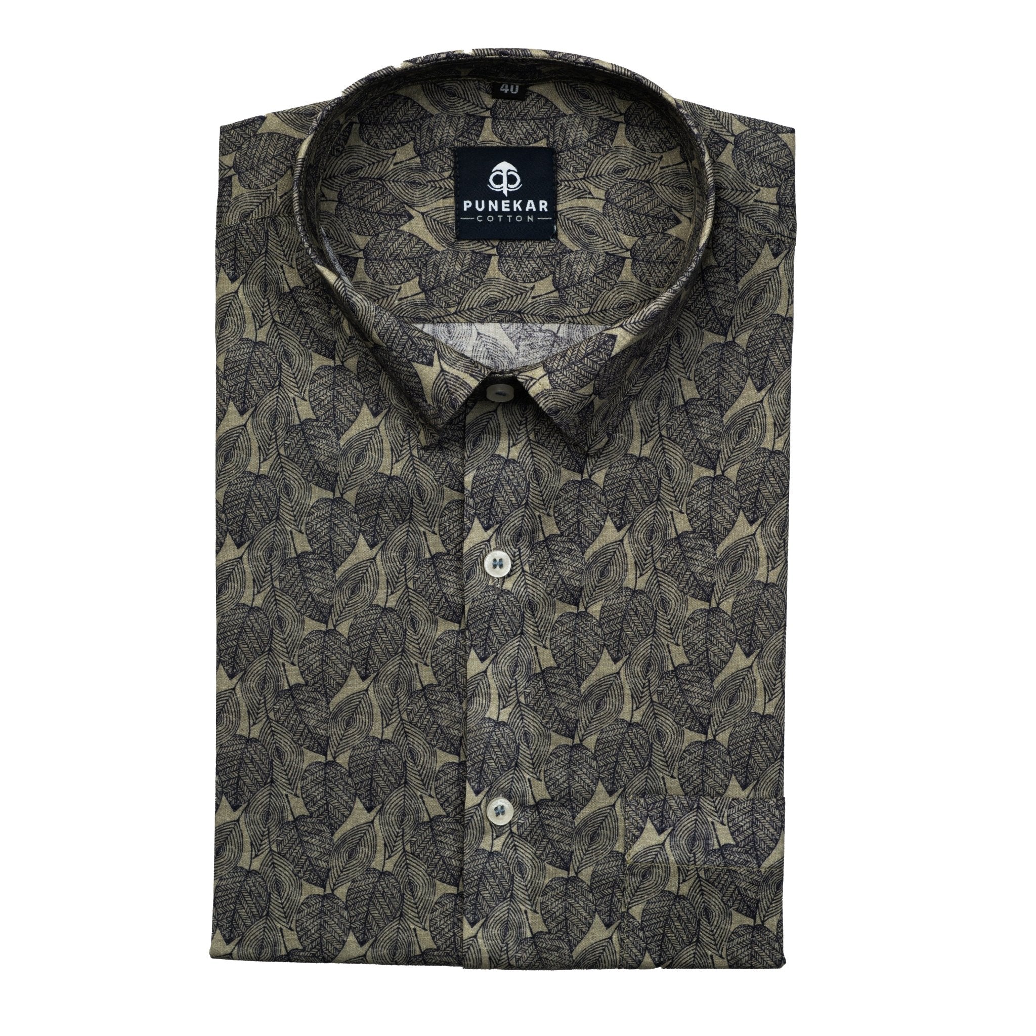 Light Brown Color Leaf Printed Wool Cotton Shirt For Men - Punekar Cotton