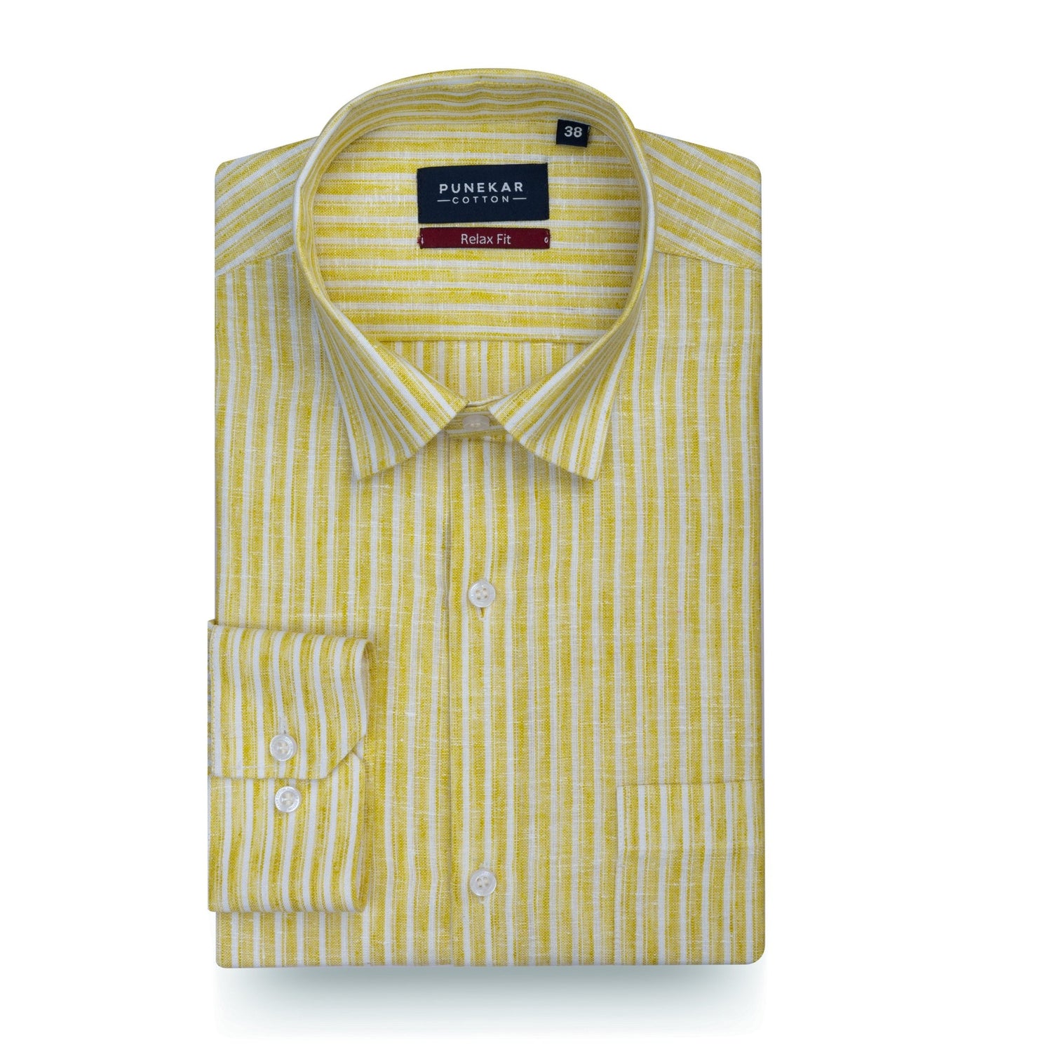 Mustard Yellow &amp; White Striped Blend Cotton Shirt for Men - Punekar Cotton