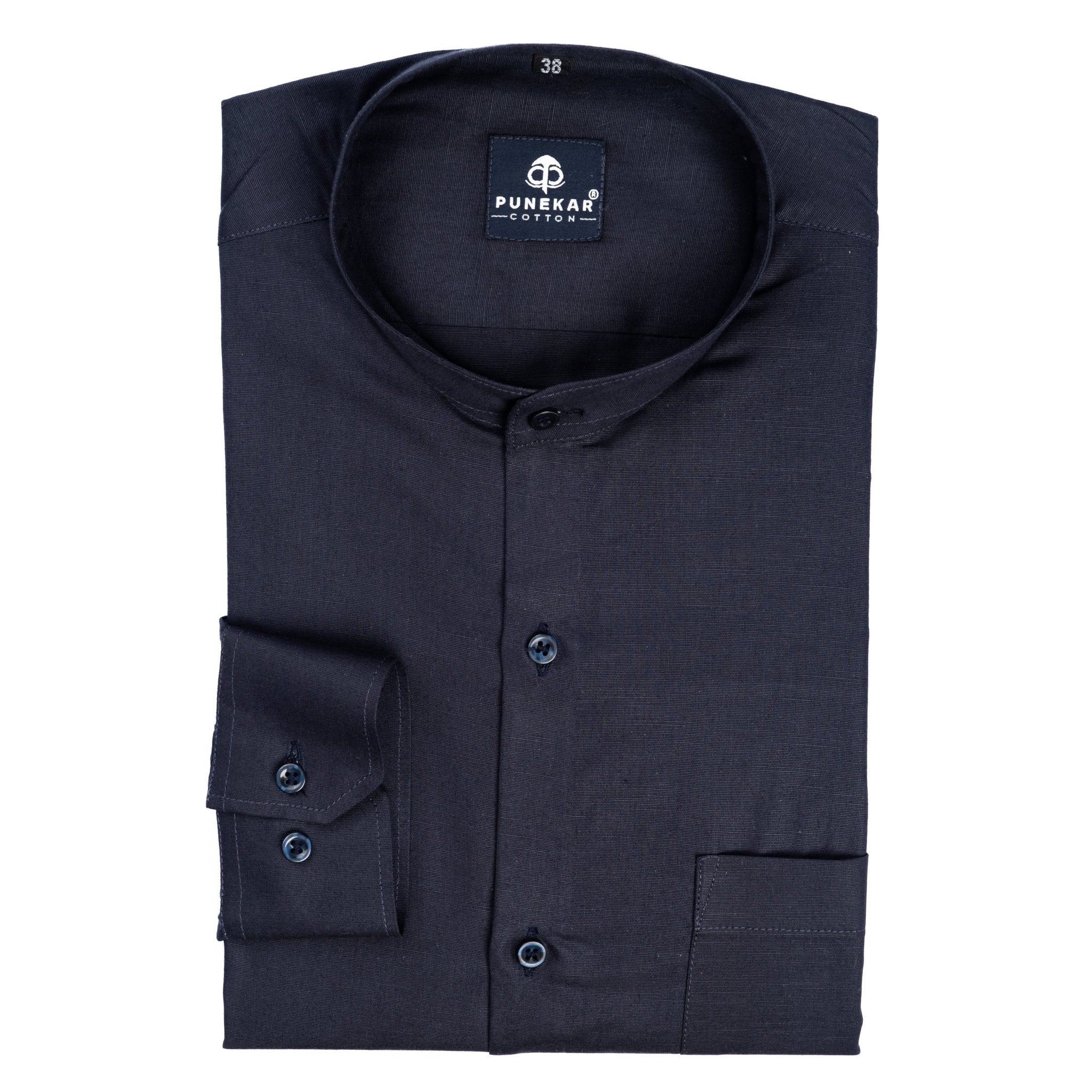 Navy Blue Color Band Collar Solid Shirt For Men - Punekar Cotton