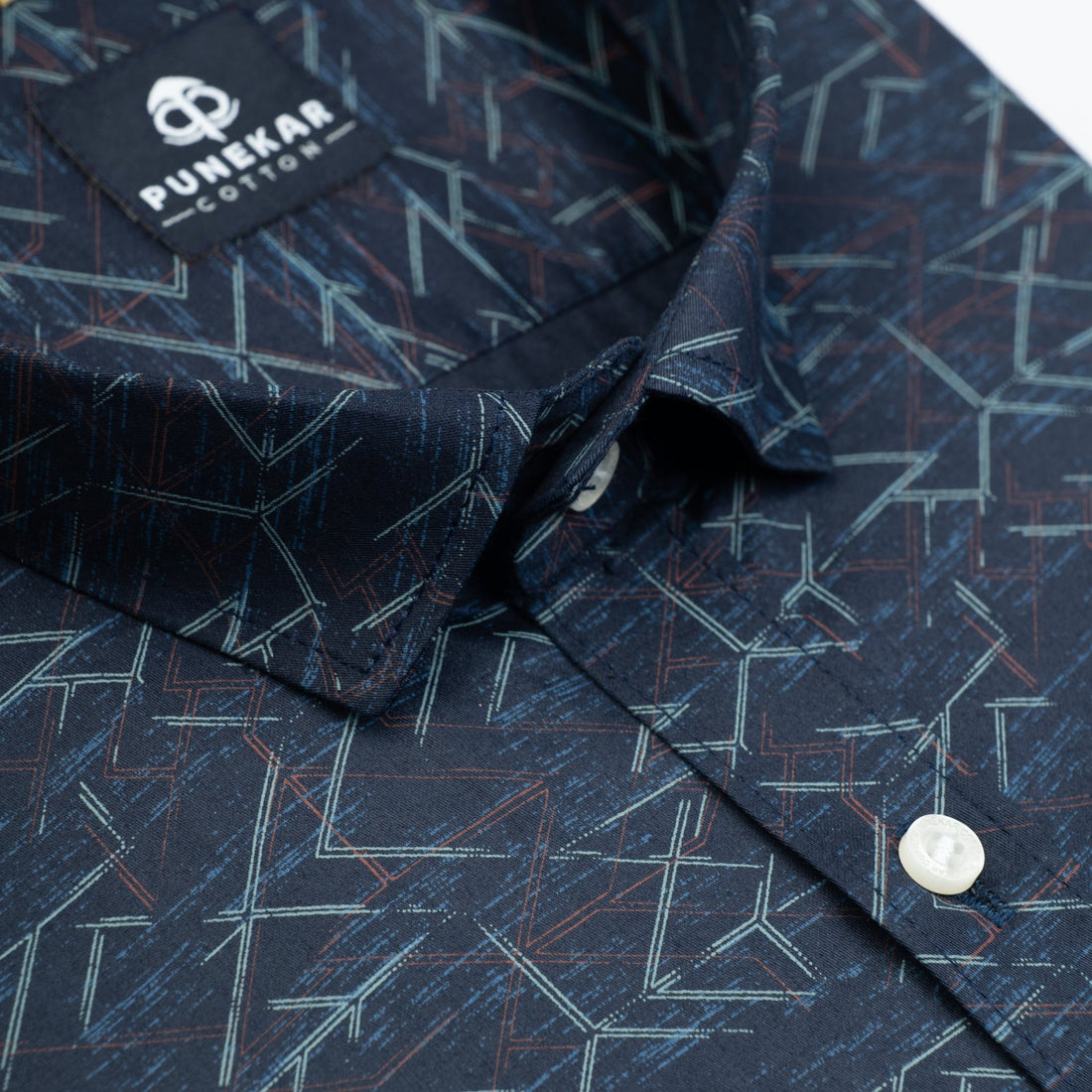 Navy Blue Color Geometric Printed Shirt For Men - Punekar Cotton