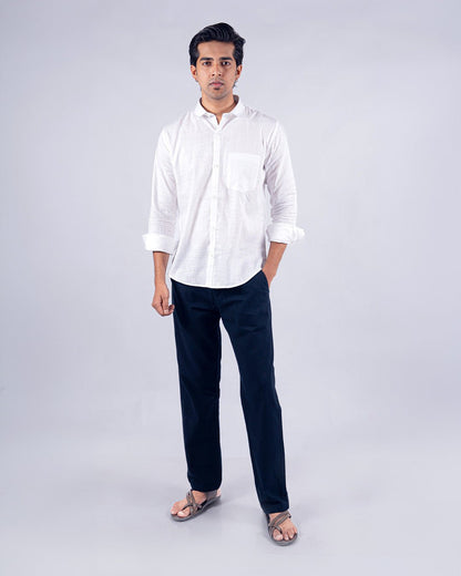 Navy Blue Everyday Cotton Linen Straight-Fit Pants for Men - Punekar Cotton